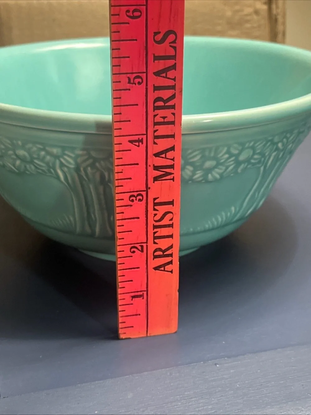 Vintage Homer Laughlin aqua/teal mixing bowl with Apple Tree pattern